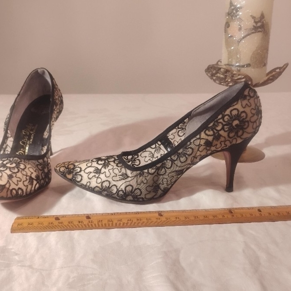 Vintage 1950s-60s De Liso Debs Palter Deliso Cream Black Floral Lace Stiletto He - Picture 3 of 10